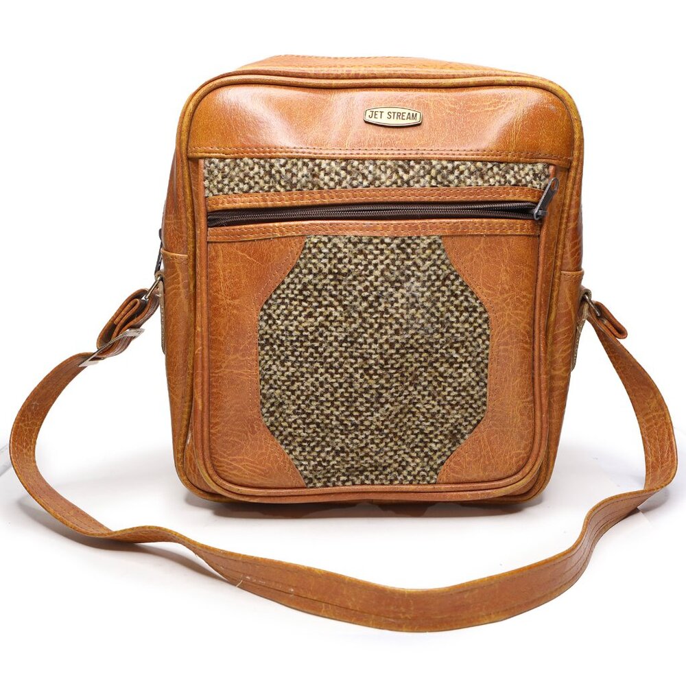 Vintage Jet Stream Faux Leather Flight Bag Brown Tweed Travel 70s Retro